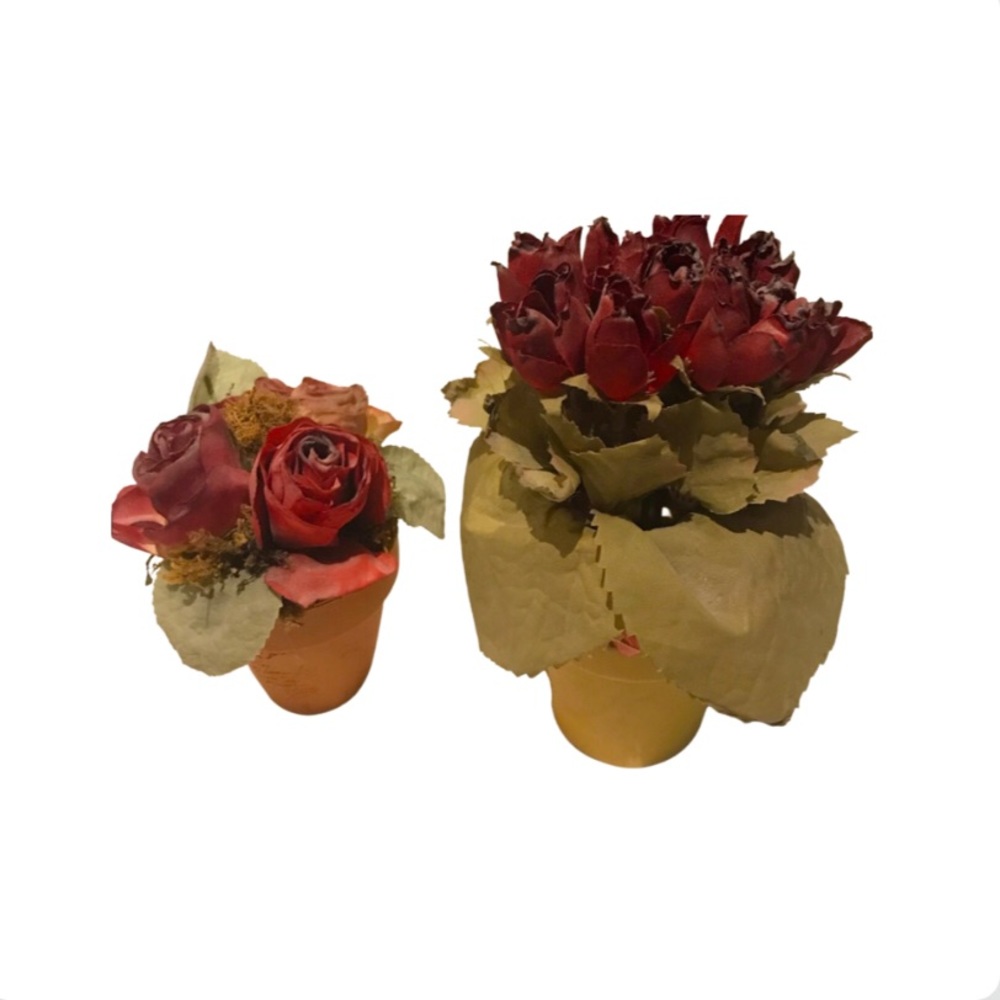 Vintage Silk Roses in Terracotta Clay Pots